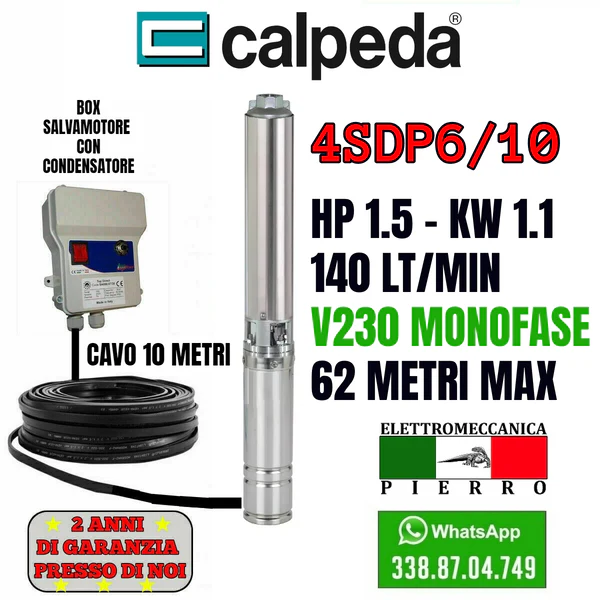 POMPA SOMMERSA POZZI CALPEDA 4SDP6/10 HP1.5 140LT/MIN 6.2BAR V230 V400 - immagine 4