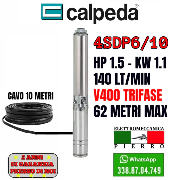 POMPA SOMMERSA POZZI CALPEDA 4SDP6/10 HP1.5 140LT/MIN 6.2BAR V230 V400 - immagine 6