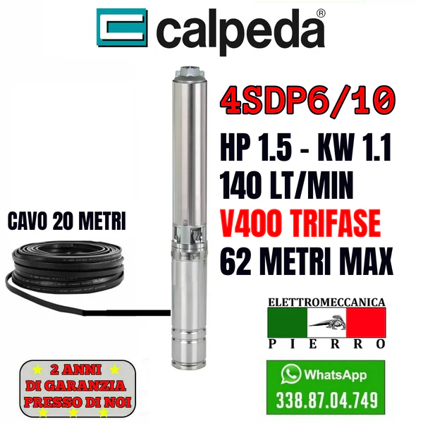 POMPA SOMMERSA POZZI CALPEDA 4SDP6/10 HP1.5 140LT/MIN 6.2BAR V230 V400 - immagine 9