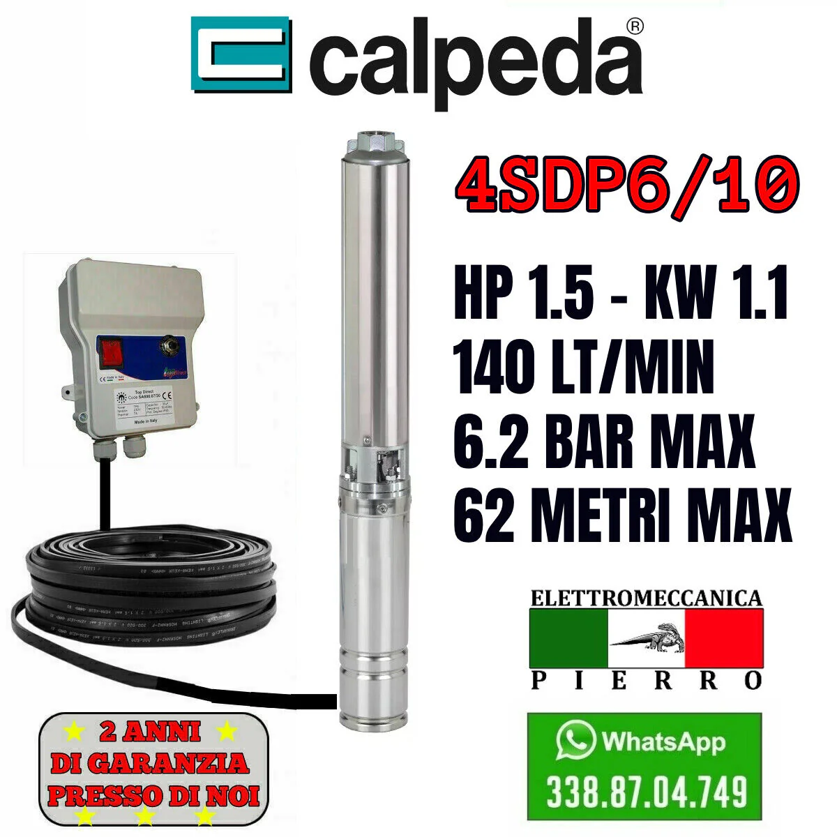 POMPA SOMMERSA POZZI CALPEDA 4SDP6/10 HP1.5 140LT/MIN 6.2BAR V230 V400 - immagine 2