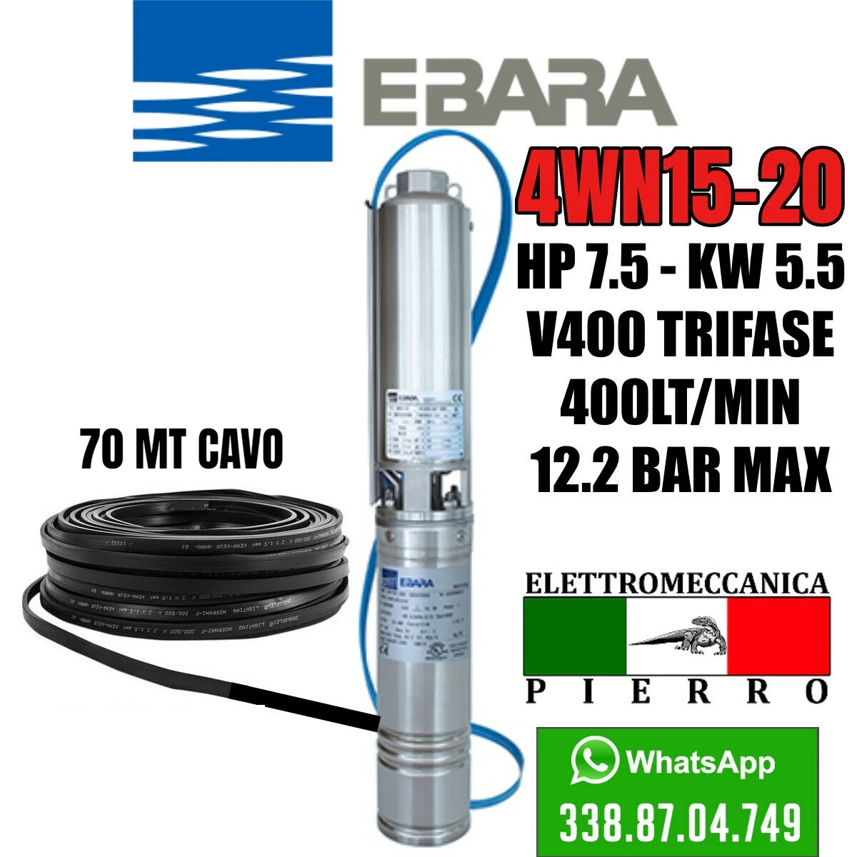 CORPO/POMPA SOMMERSA PER POZZI EBARA 4WN15-20 HP7.5 400LITRI MINUTO 12.2 BAR MAX - immagine 9