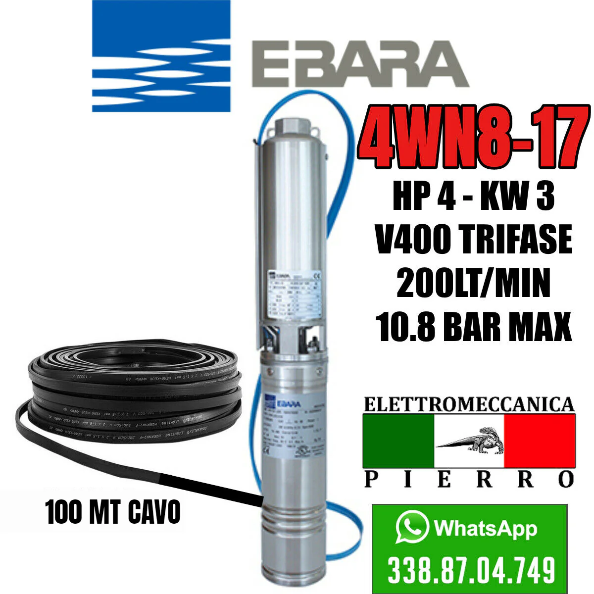 CORPO / POMPA SOMMERSA PER POZZI EBARA 4WN8-17 HP4 200 LITRI MINUTO 10.8 BAR MAX - immagine 9