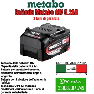 BATTERIA METABO 18V 5.2 ah ORIGINALE 5,2 ah BATTERIE ROTHENBERGER COLLOMIX MAFEL