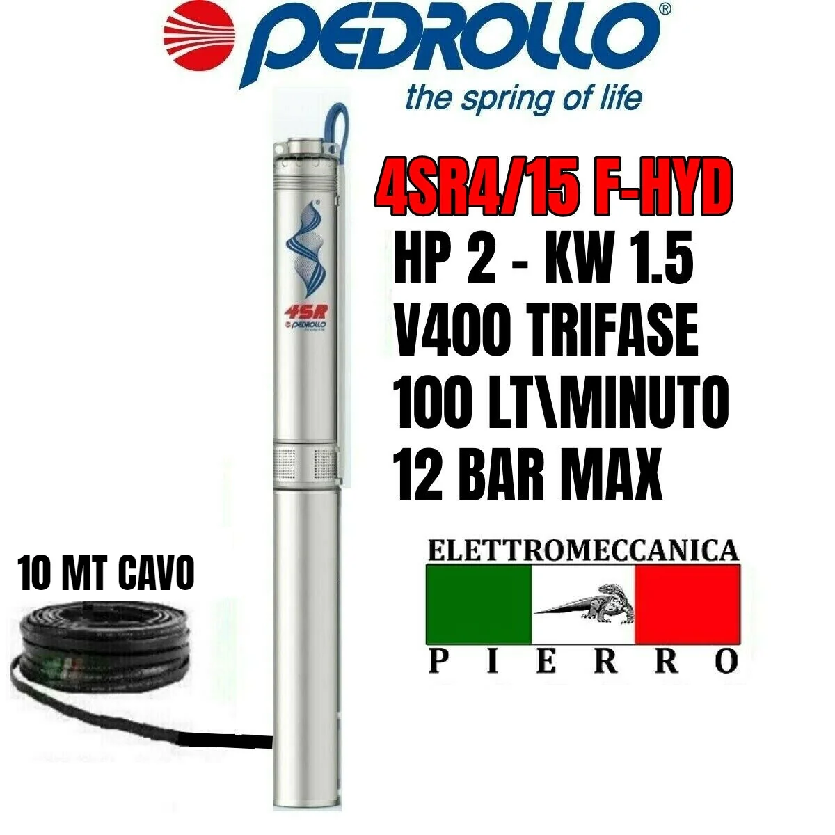 4SR4/15 POMPA COMPLETA SOMMERSA X POZZI 4" PEDROLLO 4SR4M/15 HP2 100LT/MIN 12BAR - immagine 8