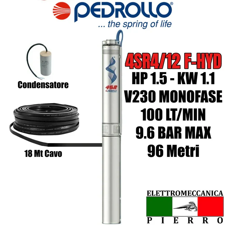 4SR4/12 POMPA COMPLETA SOMMERSA X POZZI 4" PEDROLLO 4SR4M/12 HP1.5 100LT/MIN - immagine 9