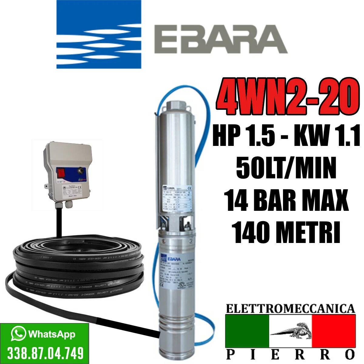 CORPO / POMPA SOMMERSA PER POZZI EBARA 4WN2-20 HP1.5 50 LITRI MINUTO 14 BAR MAX - immagine 2