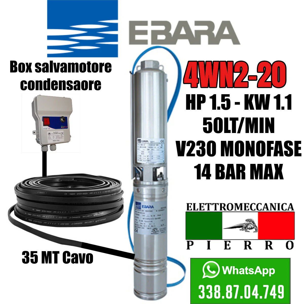 CORPO / POMPA SOMMERSA PER POZZI EBARA 4WN2-20 HP1.5 50 LITRI MINUTO 14 BAR MAX - immagine 4