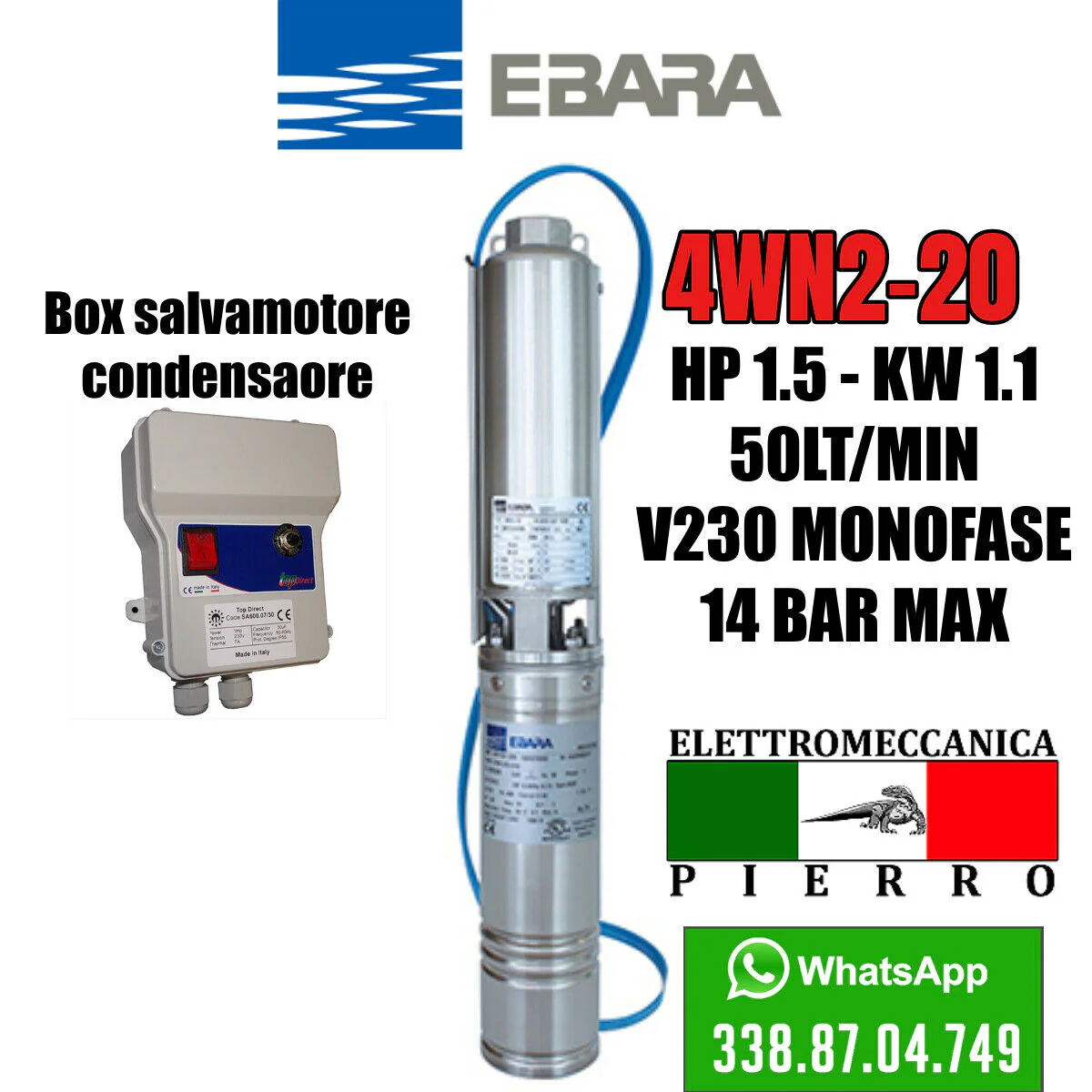 CORPO / POMPA SOMMERSA PER POZZI EBARA 4WN2-20 HP1.5 50 LITRI MINUTO 14 BAR MAX - immagine 9