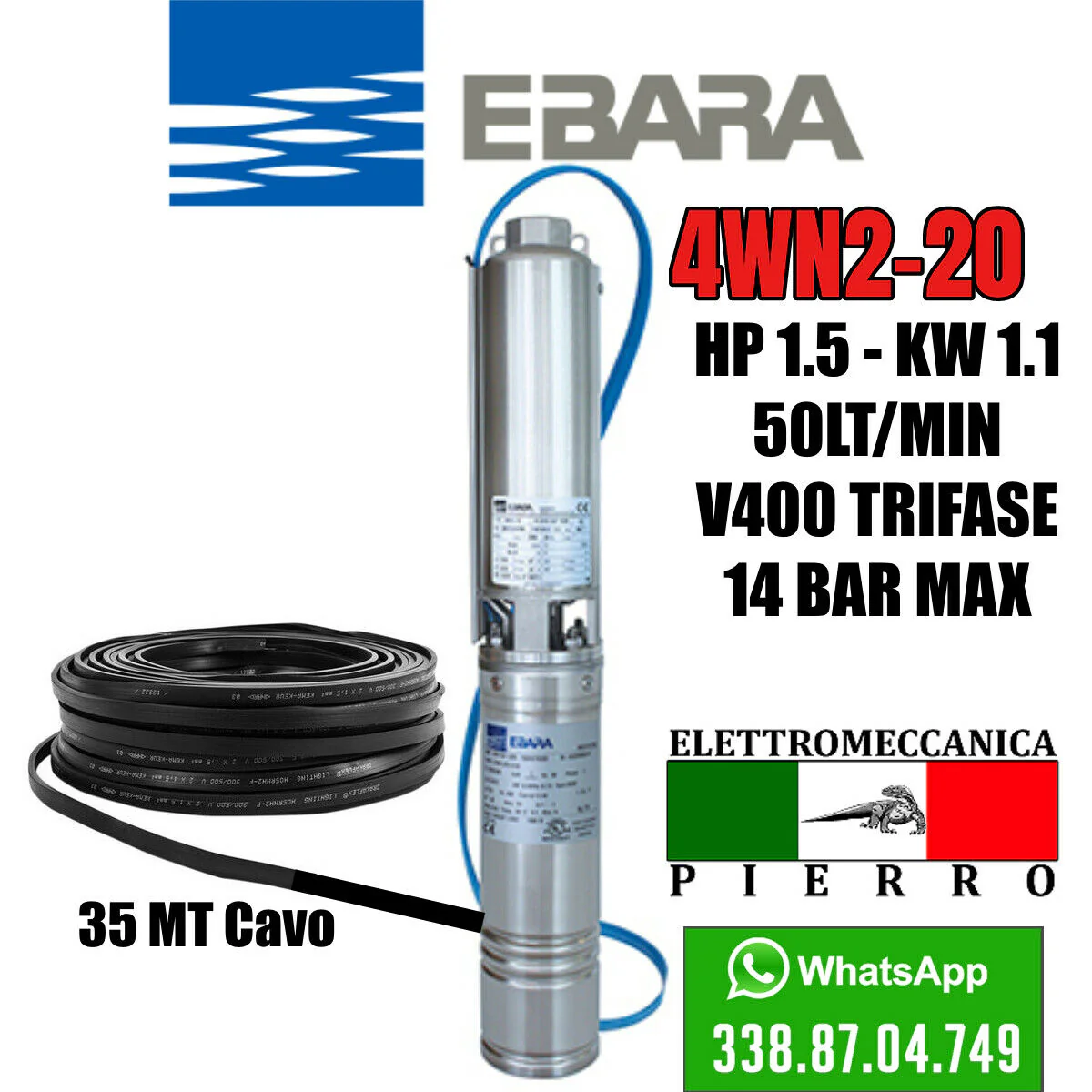 CORPO / POMPA SOMMERSA PER POZZI EBARA 4WN2-20 HP1.5 50 LITRI MINUTO 14 BAR MAX - immagine 6