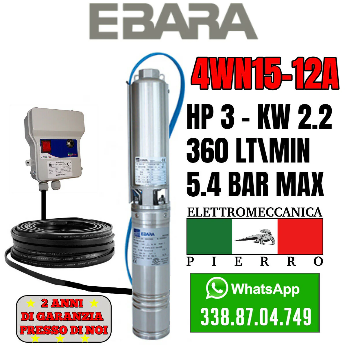 CORPO / POMPA SOMMERSA PER POZZI EBARA 4WN15-12A HP3 360 LITRI MIN 5.4 BAR MAX - immagine 2