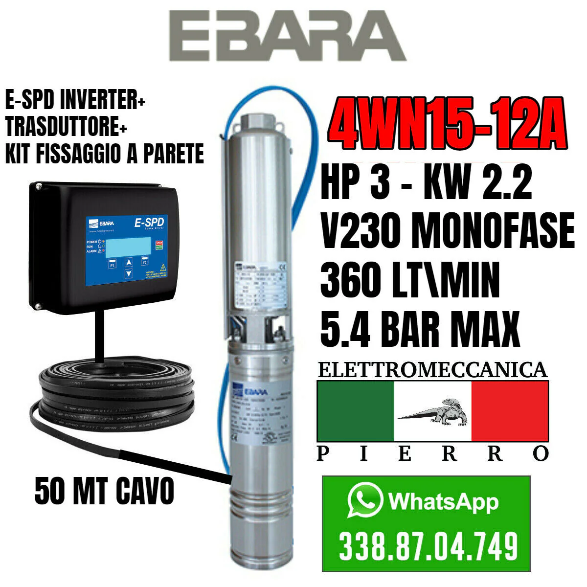 CORPO / POMPA SOMMERSA PER POZZI EBARA 4WN15-12A HP3 360 LITRI MIN 5.4 BAR MAX - immagine 8