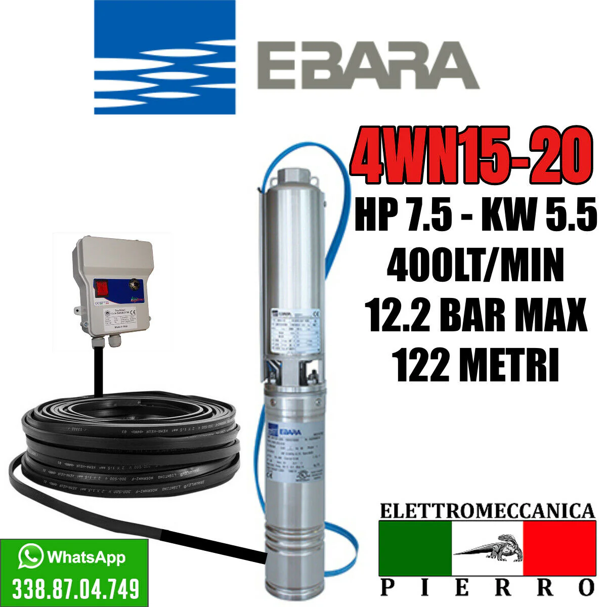 CORPO/POMPA SOMMERSA PER POZZI EBARA 4WN15-20 HP7.5 400LITRI MINUTO 12.2 BAR MAX - immagine 2