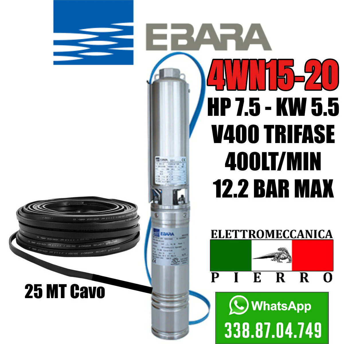 CORPO/POMPA SOMMERSA PER POZZI EBARA 4WN15-20 HP7.5 400LITRI MINUTO 12.2 BAR MAX - immagine 4