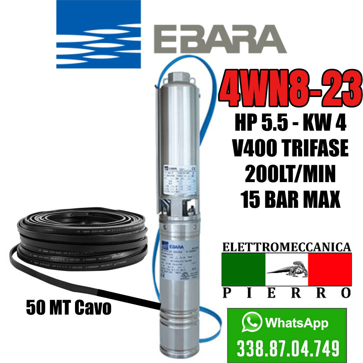 CORPO / POMPA SOMMERSA PER POZZI EBARA 4WN8-23 HP5.5 200 LITRI MINUTO 15 BAR MAX - immagine 4
