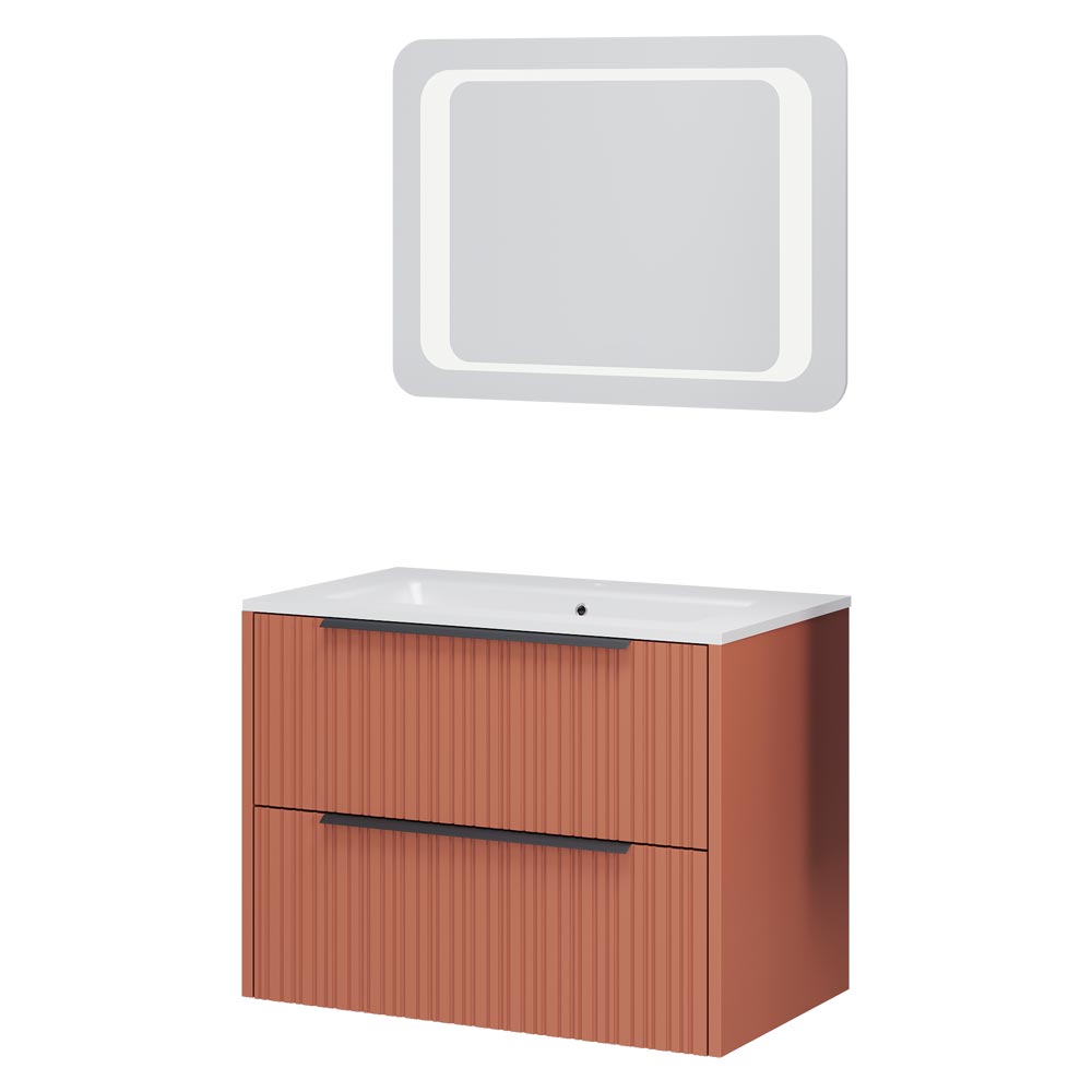 Mobile Bagno Sospeso 80 cm Eterna con Lavabo in ceramica e 2 Cassetti effetto plissettato colore Mattone - immagine 6