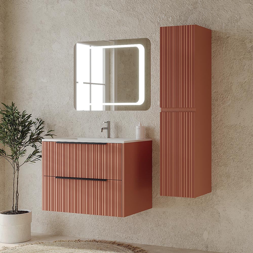 Mobile Bagno Sospeso 80 cm Eterna con Lavabo in ceramica e 2 Cassetti effetto plissettato colore Mattone
