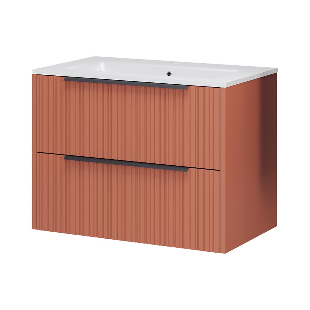 Mobile Bagno Sospeso 80 cm Eterna con Lavabo in ceramica e 2 Cassetti effetto plissettato colore Mattone - immagine 4