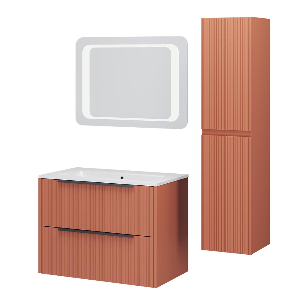 Mobile Bagno Sospeso 80 cm Eterna con Lavabo in ceramica e 2 Cassetti effetto plissettato colore Mattone - immagine 7
