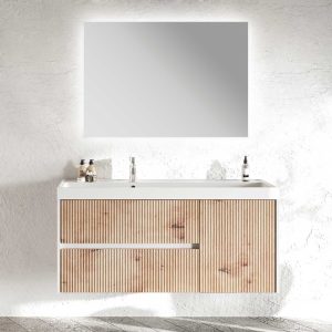 Mobile Bagno Sospeso Lavabo Integrato con Cassetti e Specchio CHIC cm.120 Cannettato Rovere Oro/Grigio Antico