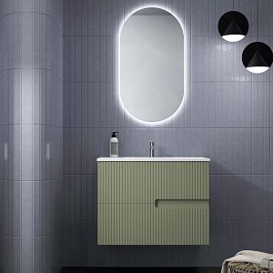 Mobile bagno Sospeso MANÀ 80 cm Cannettato color Oliva con Cassetti, Lavabo in Ceramica e Specchio