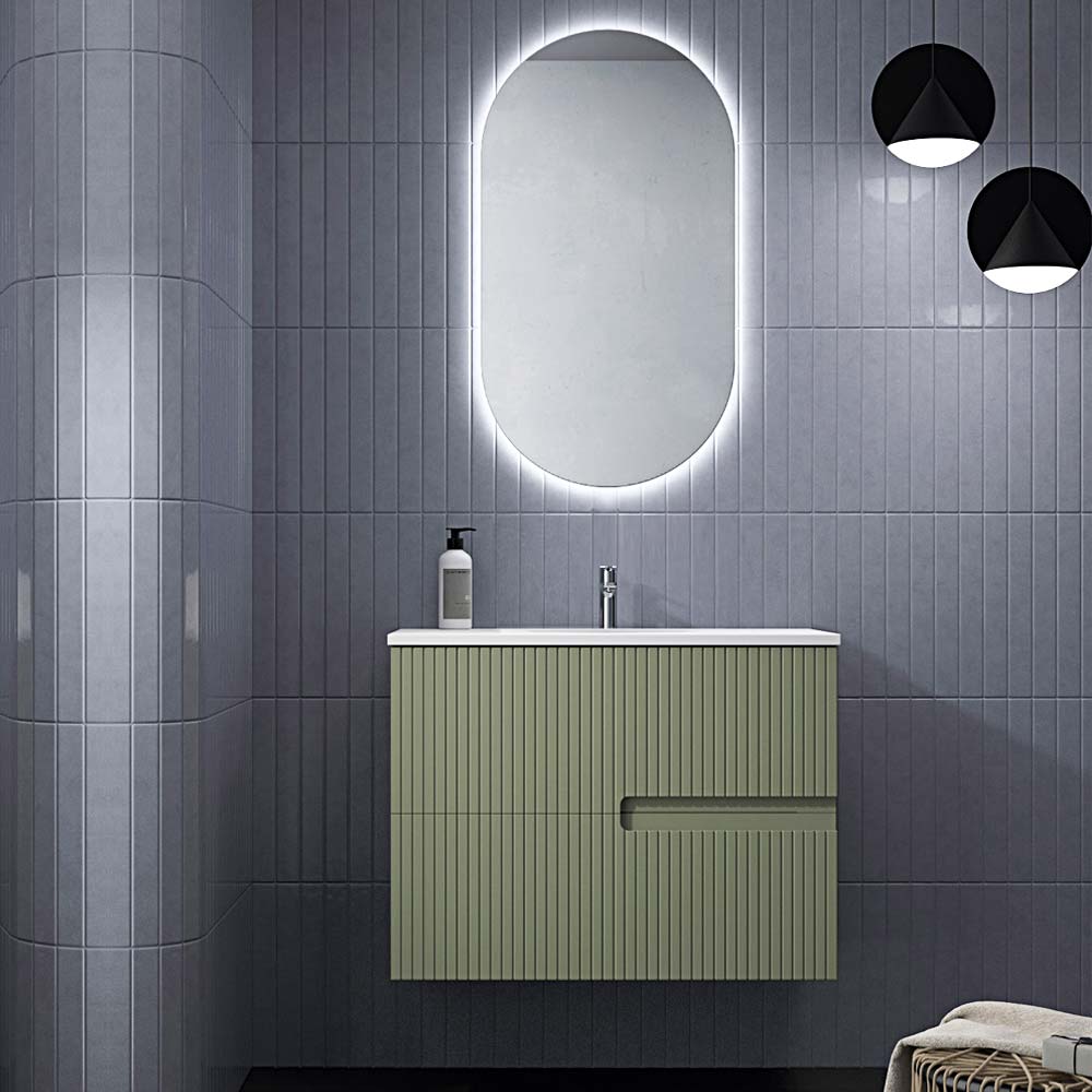 Mobile bagno Sospeso MANÀ 80 cm Cannettato color Oliva con Cassetti, Lavabo in Ceramica e Specchio - immagine 2