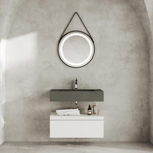 Mobile Bagno Sospeso con Cassetto Bianco Opaco cm.80 SPARTA Lavabo Resina Antracite e Specchio