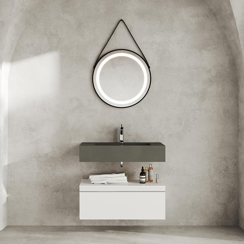 Mobile Bagno Sospeso con Cassetto Bianco Opaco cm.80 SPARTA Lavabo Resina Antracite e Specchio
