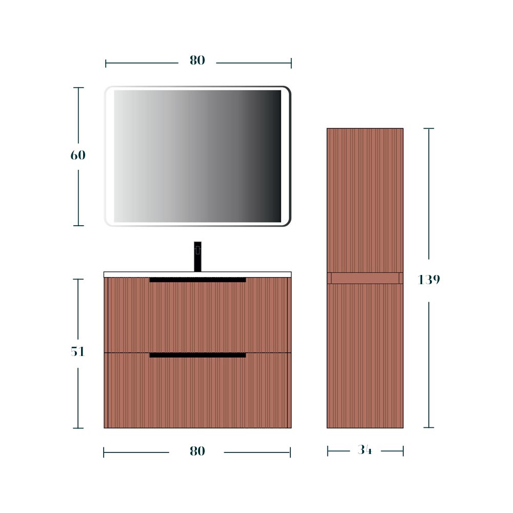 Mobile Bagno Sospeso 80 cm Eterna con Lavabo in ceramica e 2 Cassetti effetto plissettato colore Mattone - immagine 8